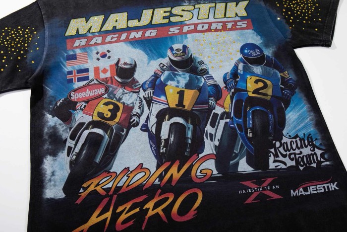 Motorcycle Racing Hero Slogan Rhinestone Print Washed Tee 29065106