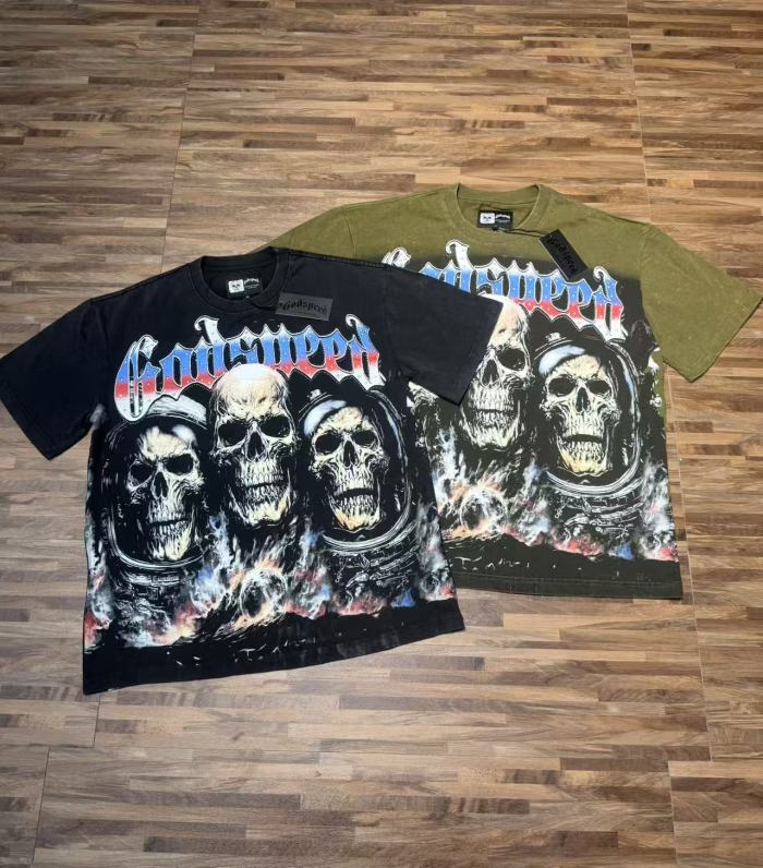 World Tour Three Skulls Black and Army Green Dual-Color Distressed T-Shirt 2 colors 29053372