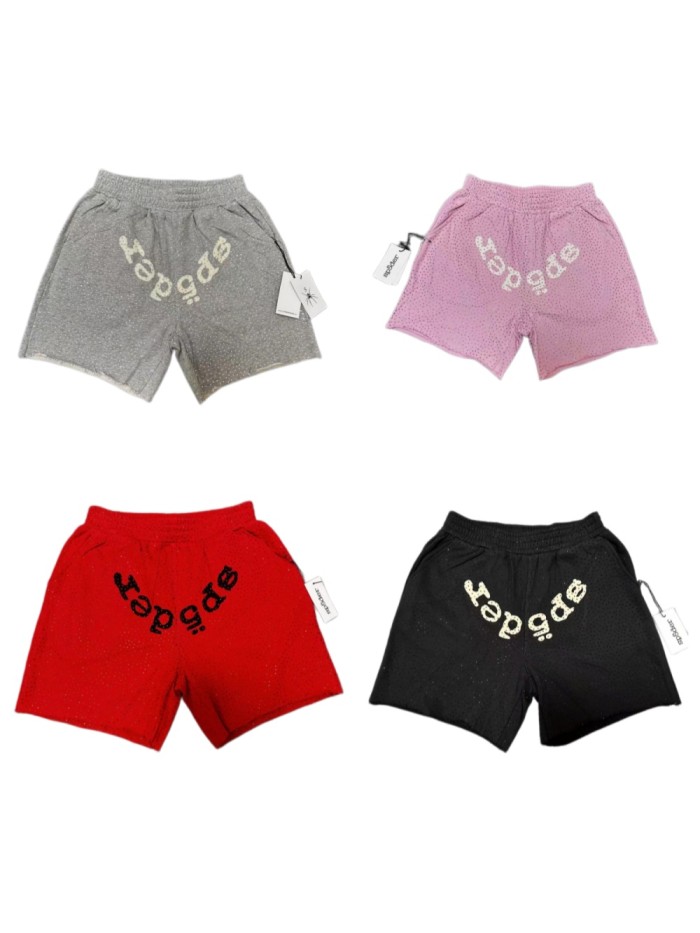 All-Over American Letter Print Full Rhinestone Raw Edge Shorts 4 colors 29097831