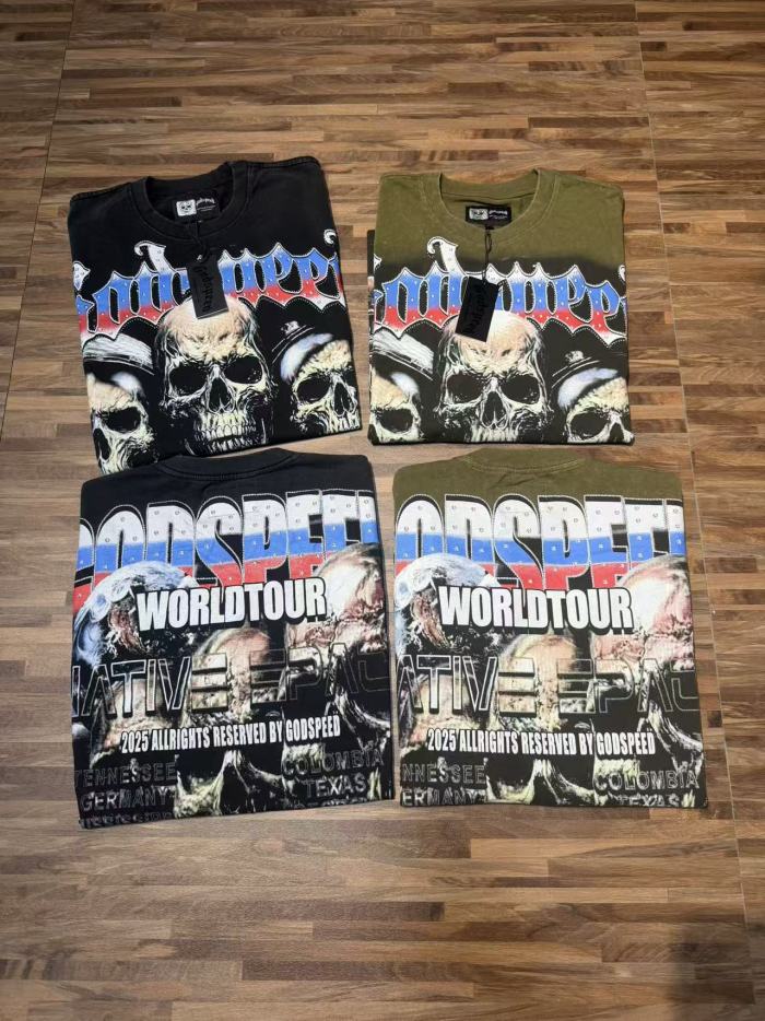 World Tour Three Skulls Black and Army Green Dual-Color Distressed T-Shirt 2 colors 29053372