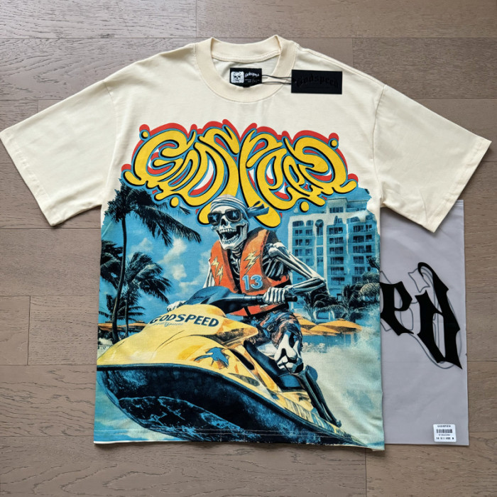 Skeleton Motorboat Beige Double-sided Printed Short-sleeved T-shirt 29044725