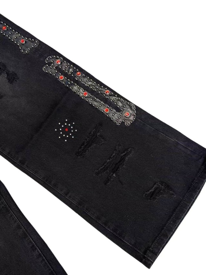 1:1 quality version Side Leather Bone Rivet Color Diamond Wide Leg Jeans 3 colors 29080658