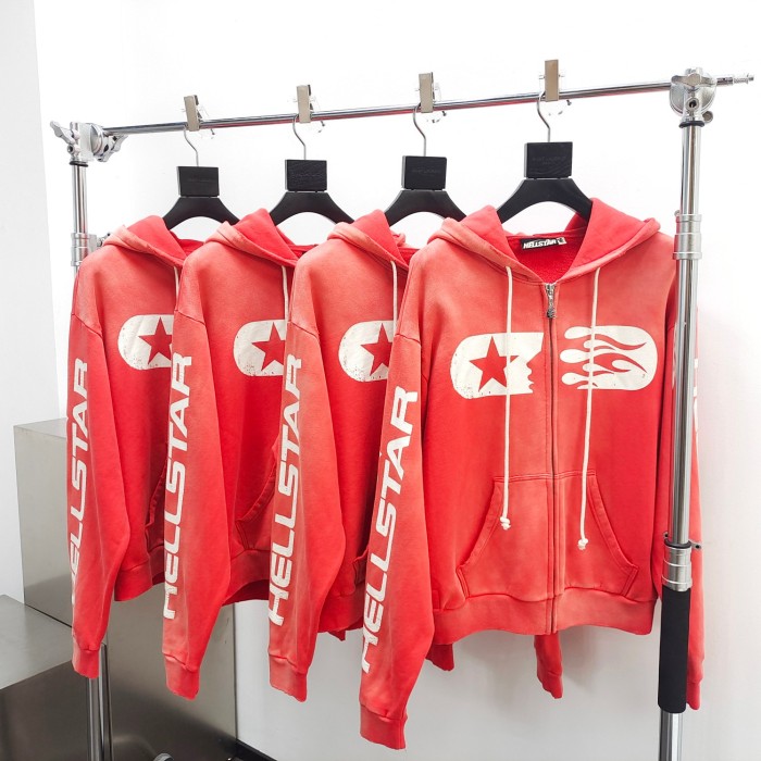 [Big & Tall for weights up to 260 lbs]1:1 quality version Brick Red Washed Spray Color Aged Zipper Hoodie with NFC tag