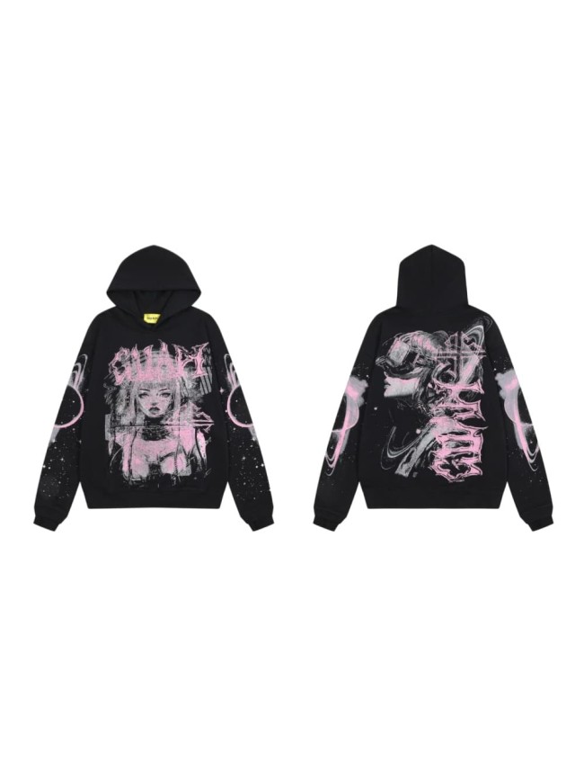Unisex Oversized Black Streetwear with Pink Anime Cyber Girl Print White Ink Hoodie 29069162