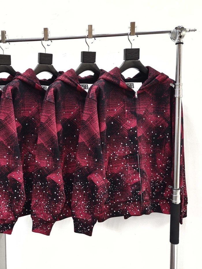 [Big & Tall for weights up to 220 lbs]1:1 quality version Red-Striped Checkered Scattered-Diamond Zipper Hoodie 28597856
