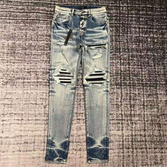 1:1 quality version Light Blue Washed Black Striped Ripped Jeans 29091968