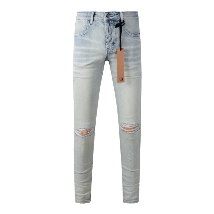 1:1 quality version Double knee frayed small ripped and worn denim jeans