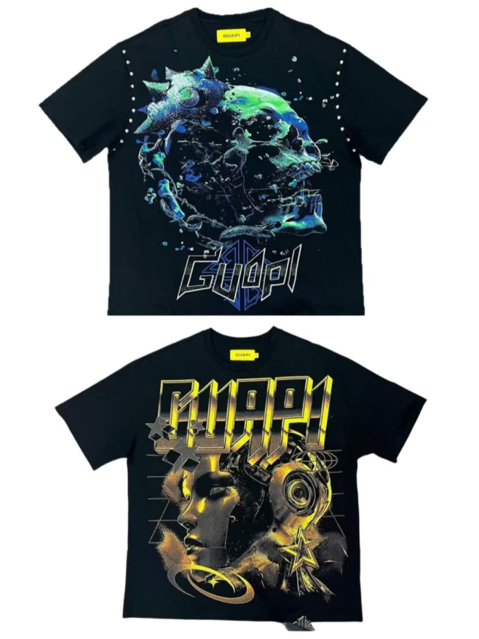 Loose Futuristic Streetwear Neon Skull & Studded Sleeve Graphic Tee 2 colors 29069130