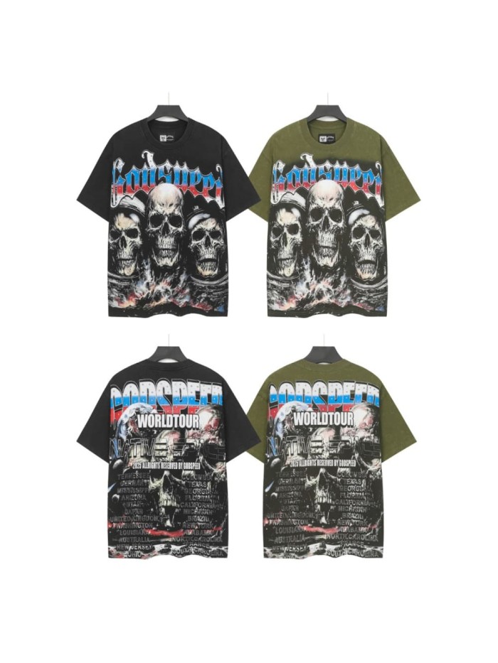 World Tour Three Skulls Black and Army Green Dual-Color Distressed T-Shirt 2 colors 29053372