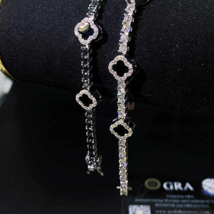 Silver Moissanite Black Agate Four-Leaf Clover Tennis Chain Bracelet 2 colors 28782955