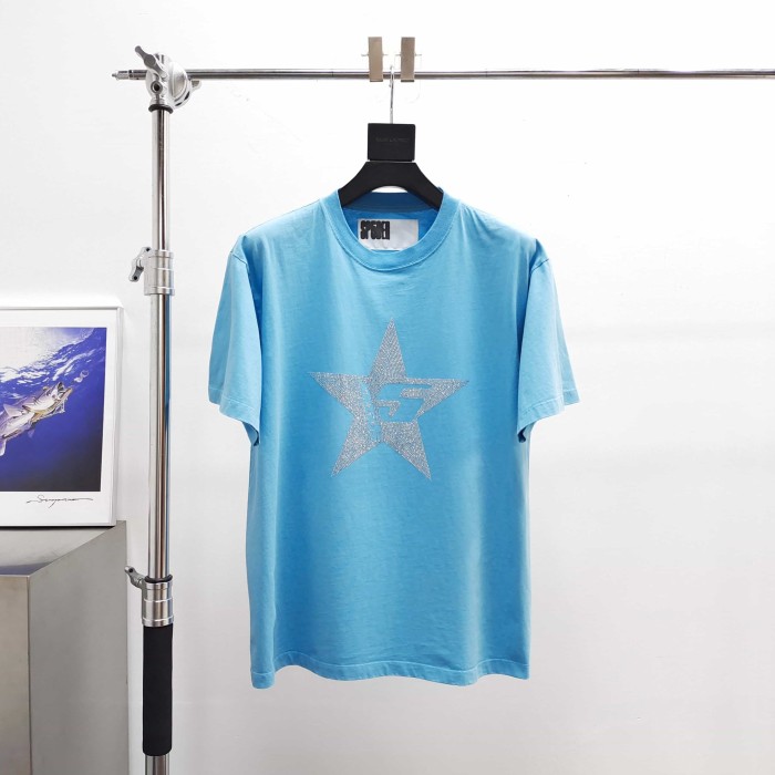 [Big & Tall for weights up to 220 lbs]1:1 quality version Large Pentagram Rhinestone Light Blue Print Tee 29045593