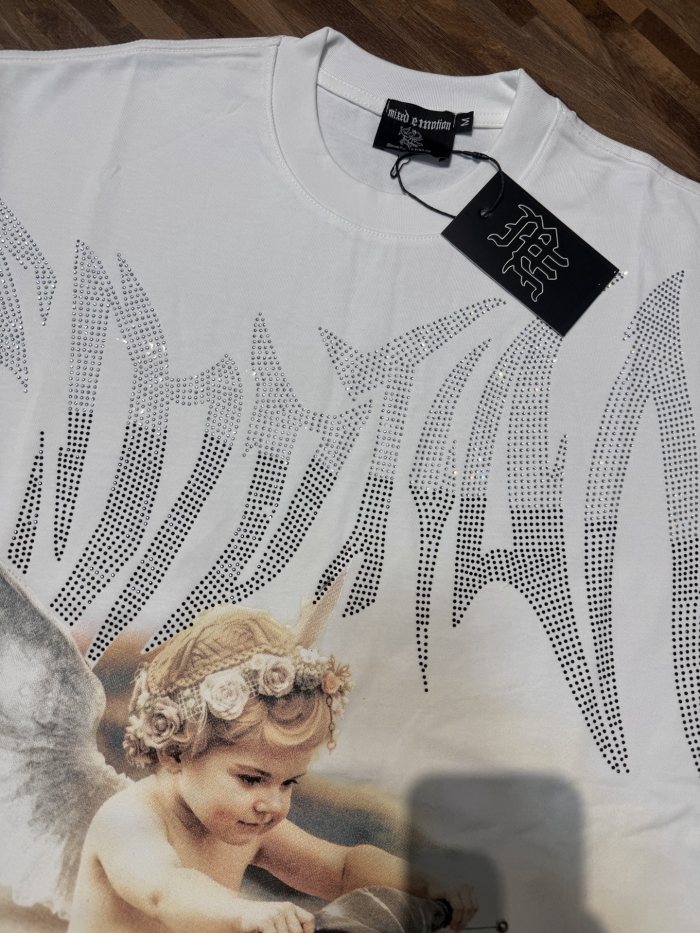 Niche motorboat vacation angel diamond-studded large-sized high street T-shirt 2 colors 29069321