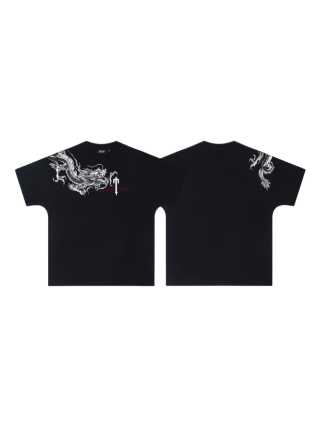 Batwing Sleeve Over Shoulder Dragon Print Rhinestone Letter T-shirt 29077762