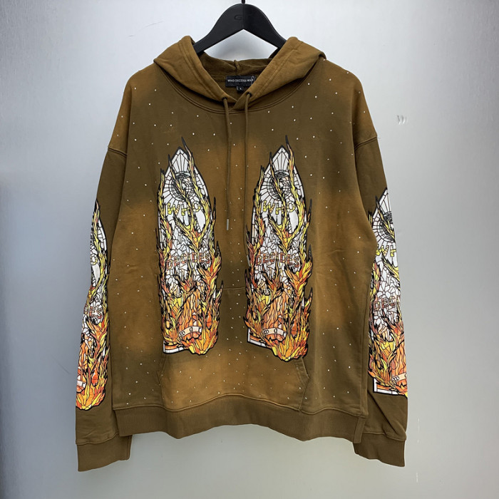 1:1 quality version Double-sided rhinestone flame letter logo washed version hoodie