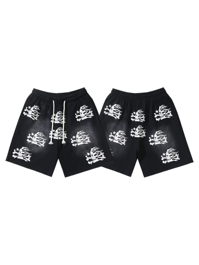 Skull Flame Print Washed Shorts 29043461