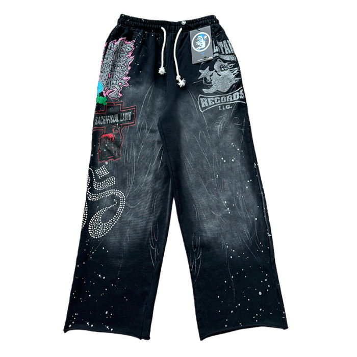 Letter Print Rhinestone Washed Version hoodie & pants set 28636630