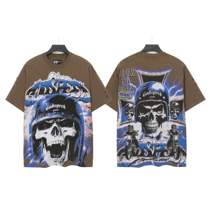 Helmet skull motorcycle cross black and brown dual-color vintage T-shirt 2 colors 29051376