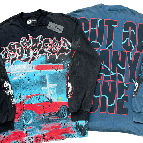 28128574 Gas Station Skull Printed Washed Version Long Sleeve T-Shirt 4 colors