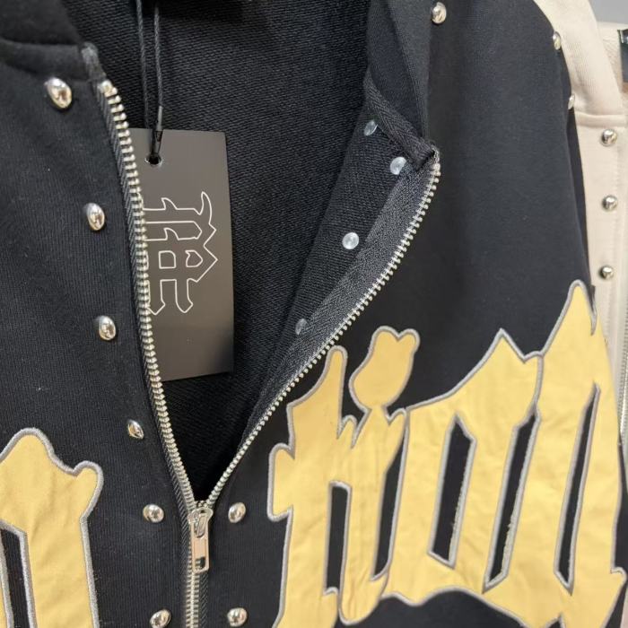 Gothic Letter Patch & Metal Rivets Full Zip Hoodie 2 colors 29107708