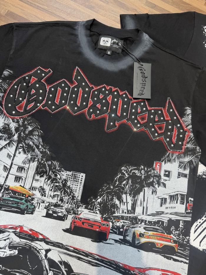 Miami sports car party rhinestone gradient distressed T-shirt 2 colors 29038229