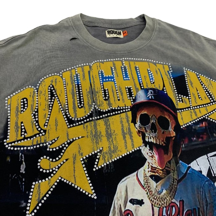 Baseball player Skull Hotfix Rhinestone Print Washed Version Tee 28572231
