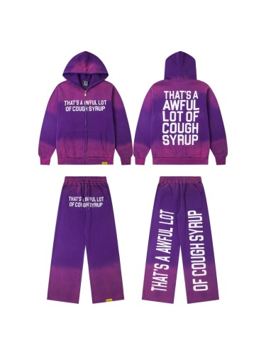 Dyed Purple Gradient Letter Print Zipper Hoodie & Pants Set 29035415
