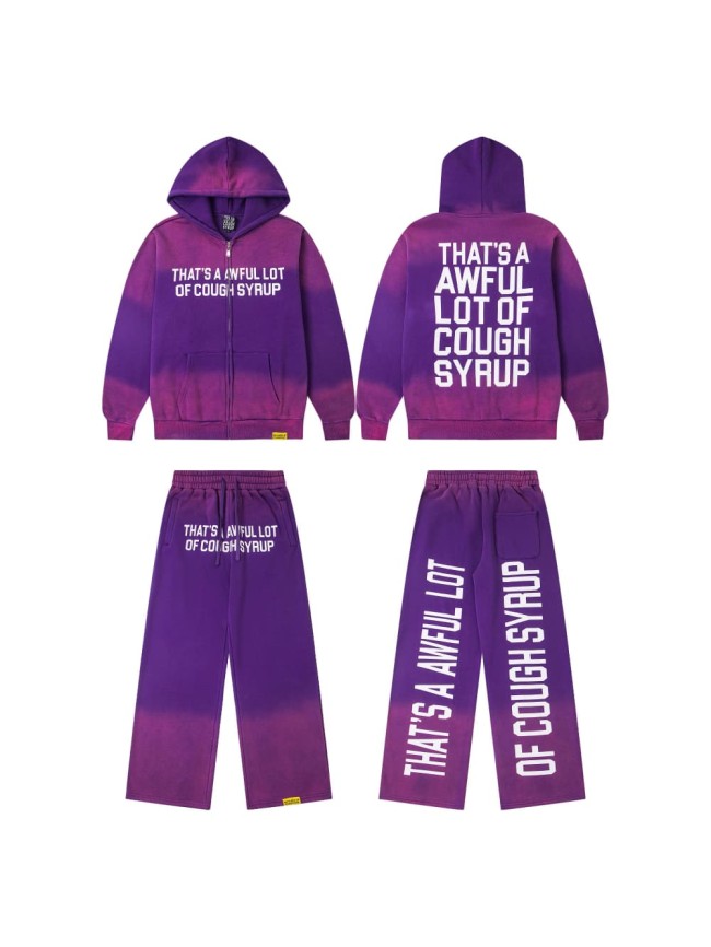 Dyed Purple Gradient Letter Print Zipper Hoodie & Pants Set 29035415