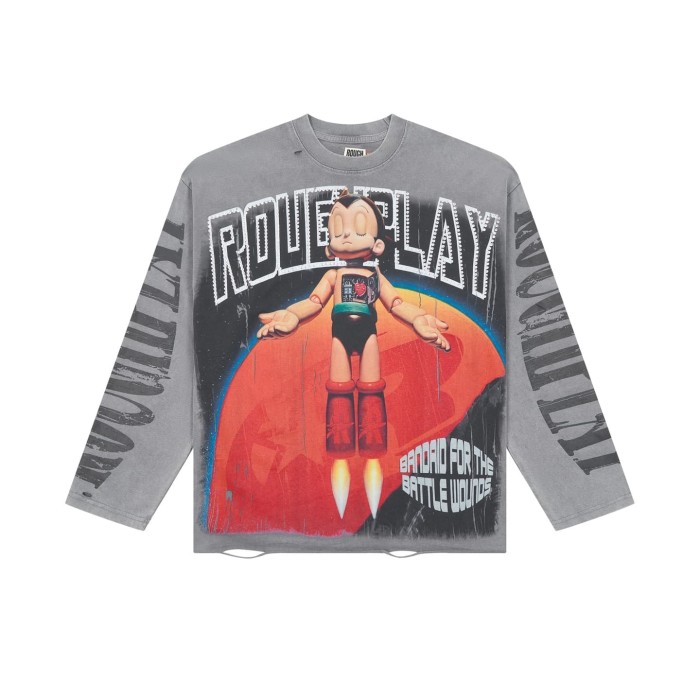 Baggy Distressed Retro Grunge with Bold Sleeve Text & Astro Boy Graphic Long Sleeve T-Shirt 29069104