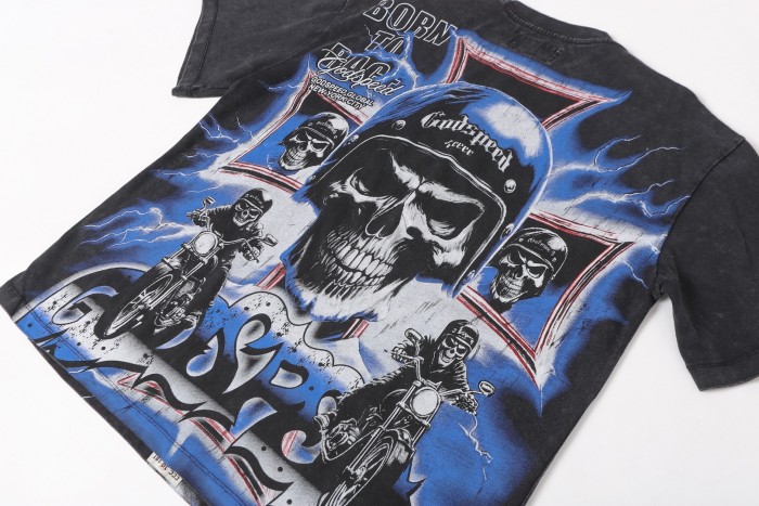Helmet skull motorcycle cross black and brown dual-color vintage T-shirt 2 colors 29051376