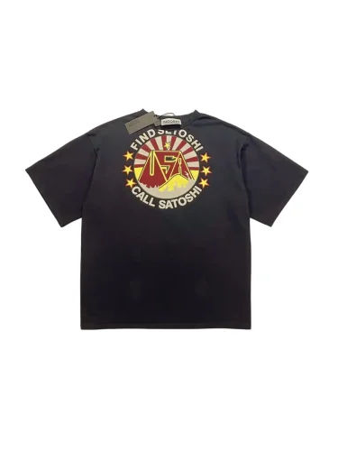 American-style sunburst star-shaped volcanic pattern printed vintage black loose-fitting T-shirt 29062611