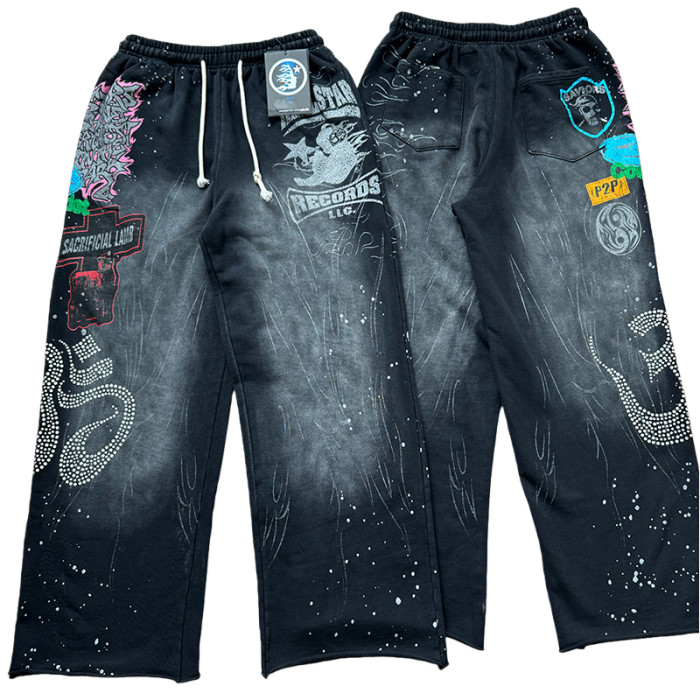 Letter Print Rhinestone Washed Version hoodie & pants set 28636630
