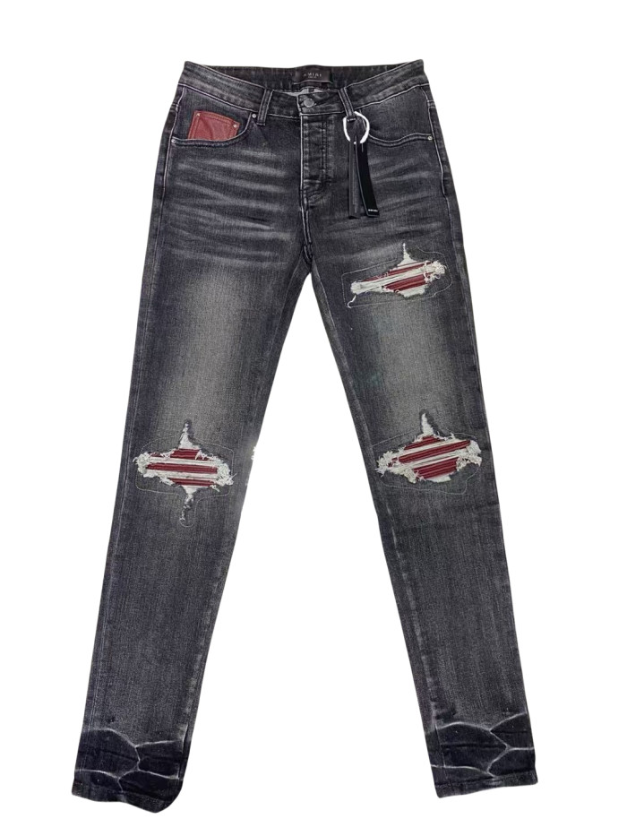 1:1 quality version 28185526 Burgundy Leather Patch Jeans