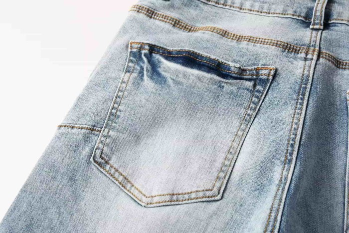 1:1 quality version Ice Blue Sequin Spliced Ripped Jeans 29080464