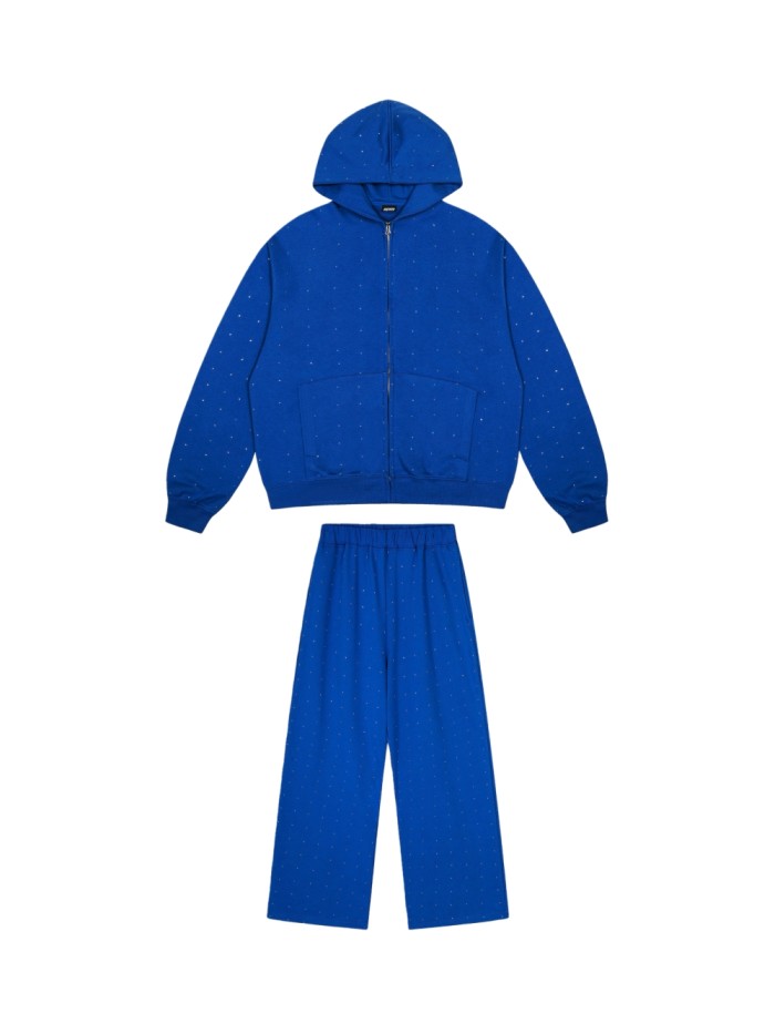 Full-Print Rhinestone Letter Zipper Hoodie & Pants Set 2 colors 28749761