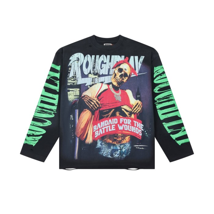 Washed Black Streetwear with Skeleton Gangster & Green Sleeve Print Long Sleeve T-Shirt 29069101