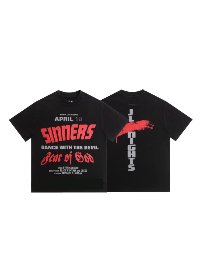 Movie theme slogan T-shirt with small high collar, loose shoulder, and short sleeve 29060492