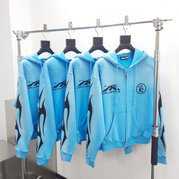 [Big & Tall for weights up to 260 lbs]1:1 quality version Brilliant blue worn washed and distressed zipper  Hoodie with NFC tag