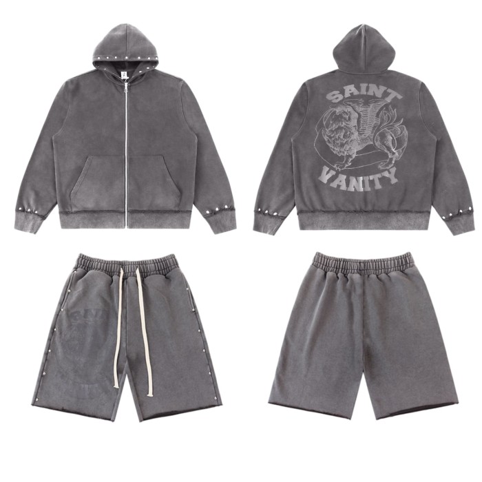 Rivet Decorated Lion Print Washed Hoodie & Shorts Set 4 colors 29077776