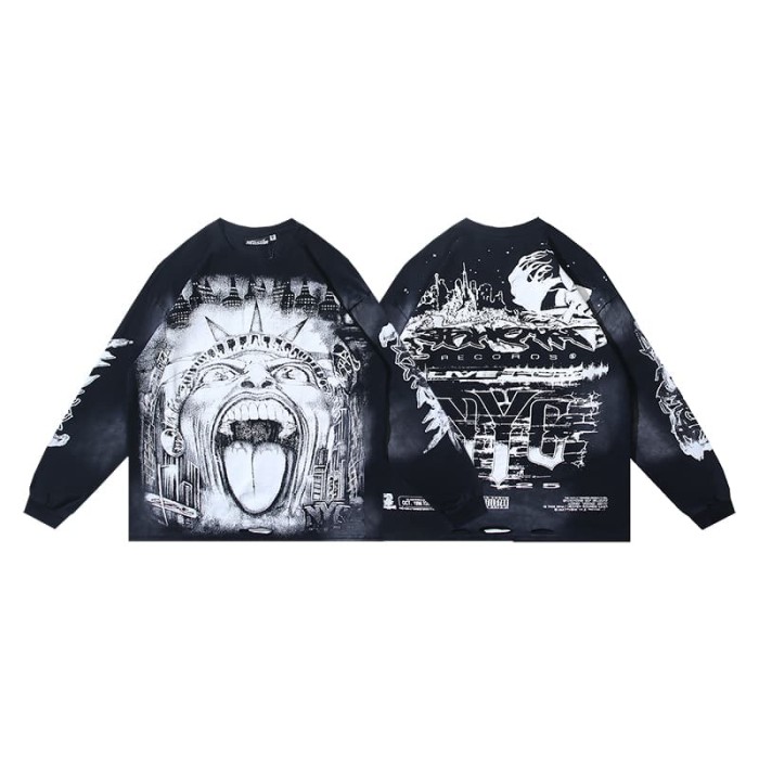 Speed Statue Of Liberty Print Washed Version Long Sleeve T-Shirt 29064429