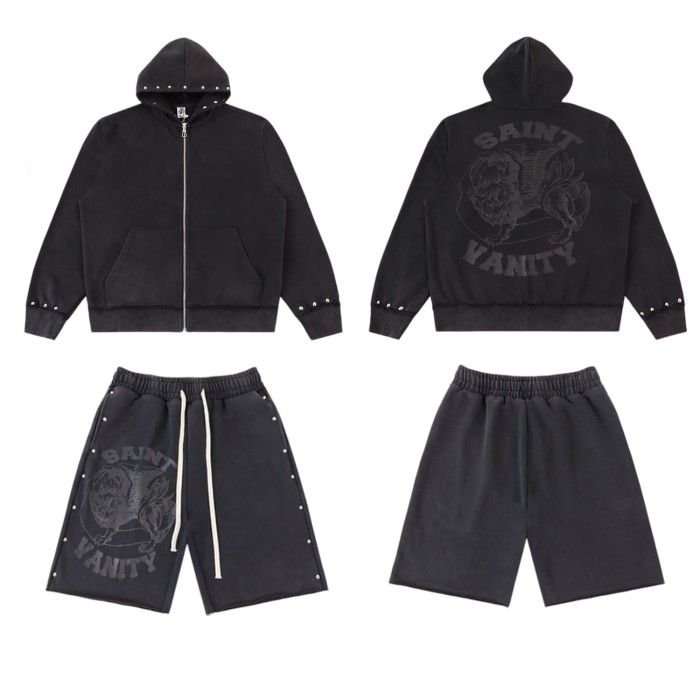 Rivet Decorated Lion Print Washed Hoodie & Shorts Set 4 colors 29077776