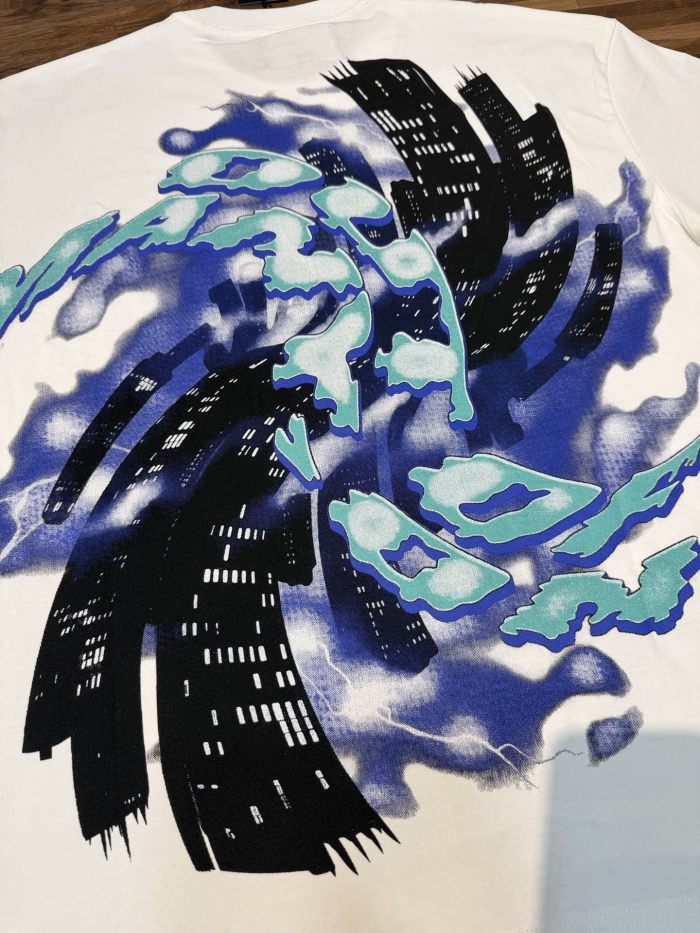 American-style white and blue contrast lightning bolt skeleton print short-sleeved shirt 29035015
