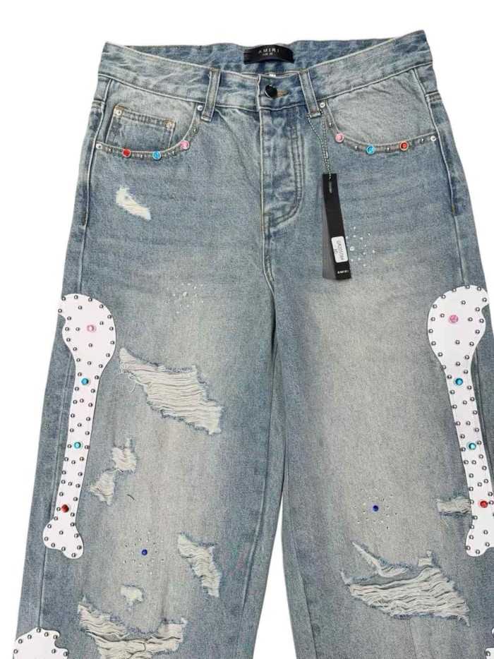1:1 quality version Side Leather Bone Rivet Color Diamond Wide Leg Jeans 3 colors 29080658