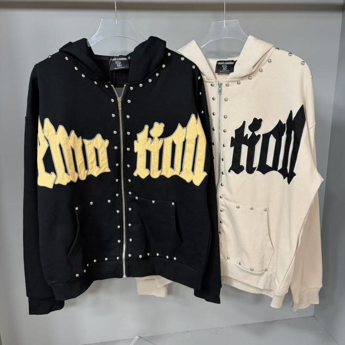 Gothic Letter Patch & Metal Rivets Full Zip Hoodie 2 colors 29107708