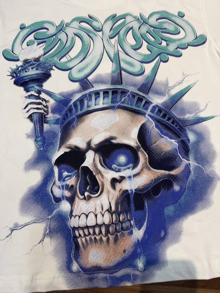 American-style white and blue contrast lightning bolt skeleton print short-sleeved shirt 29035015
