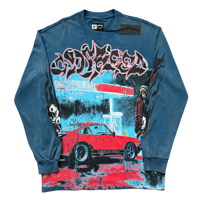 28128574 Gas Station Skull Printed Washed Version Long Sleeve T-Shirt 4 colors