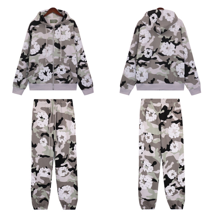 Zipper Style Camouflage Cotton Wreath Hoodie & Pants set 5 colors