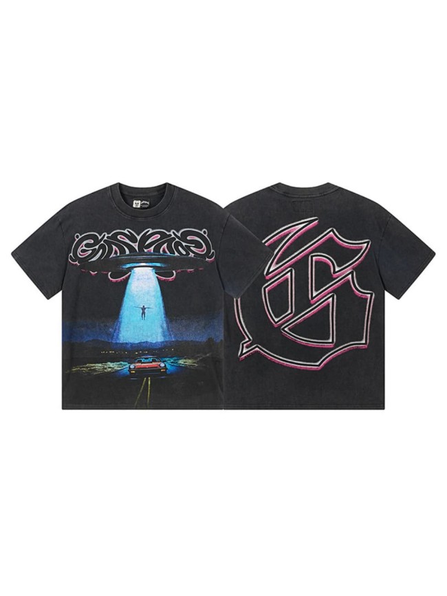 Flying saucer UFO black vintage short-sleeved T-shirt 29047327