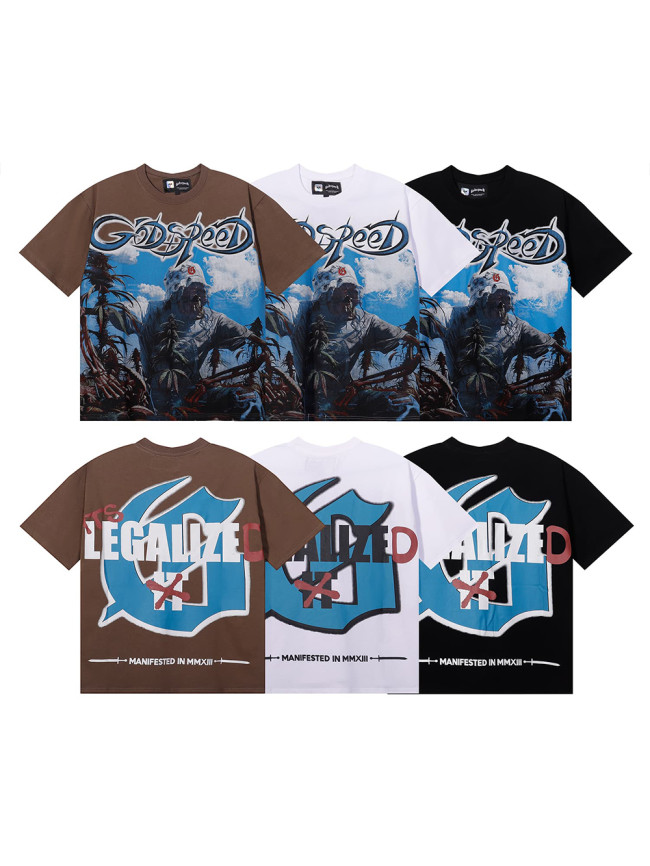 28201018 Blue Sky White Cloud Poppy Skull Planting Print Tee 3 colors