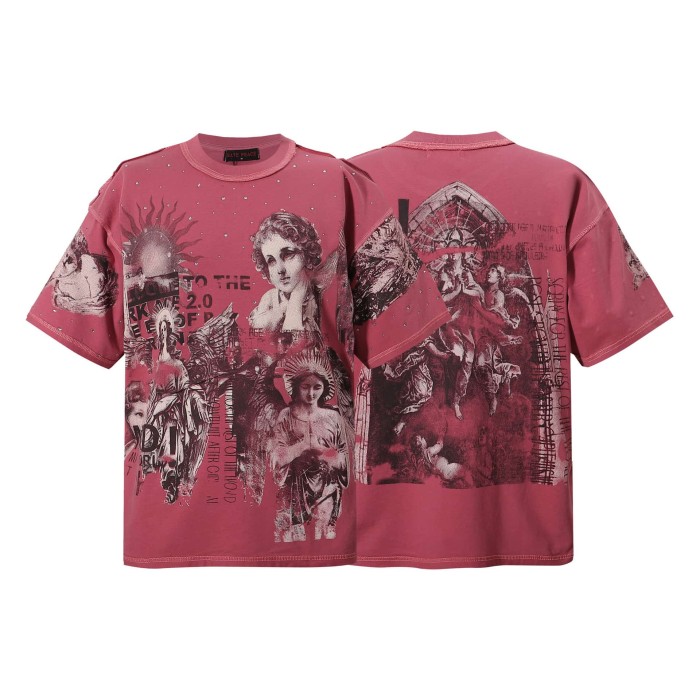 Dark Religious Angel Rhinestone Print Washed Tee 20 colors 29069152