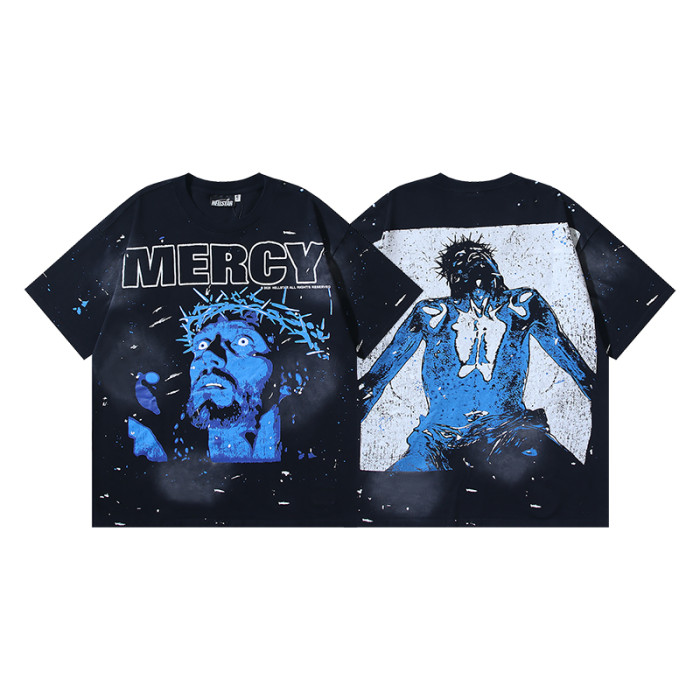 Blue Portrait Ink-Splash Print Washed Version Tee 28755470